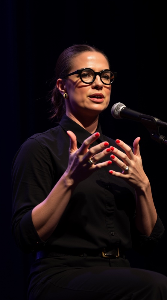 Gaby Haviaras falando ao microfone no palco